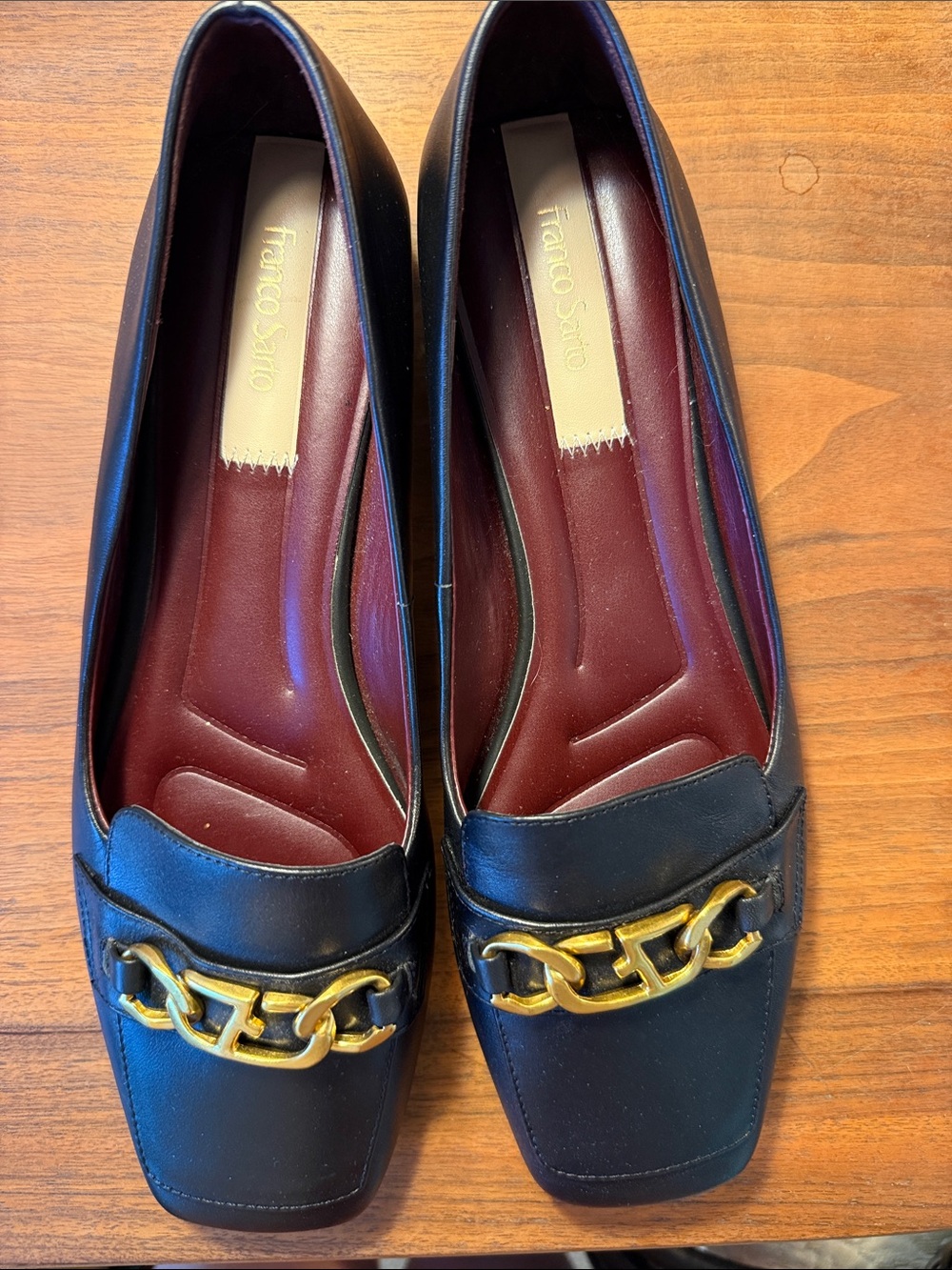 Franco Sarto Black Leather Loafers with Gold Chain Accent